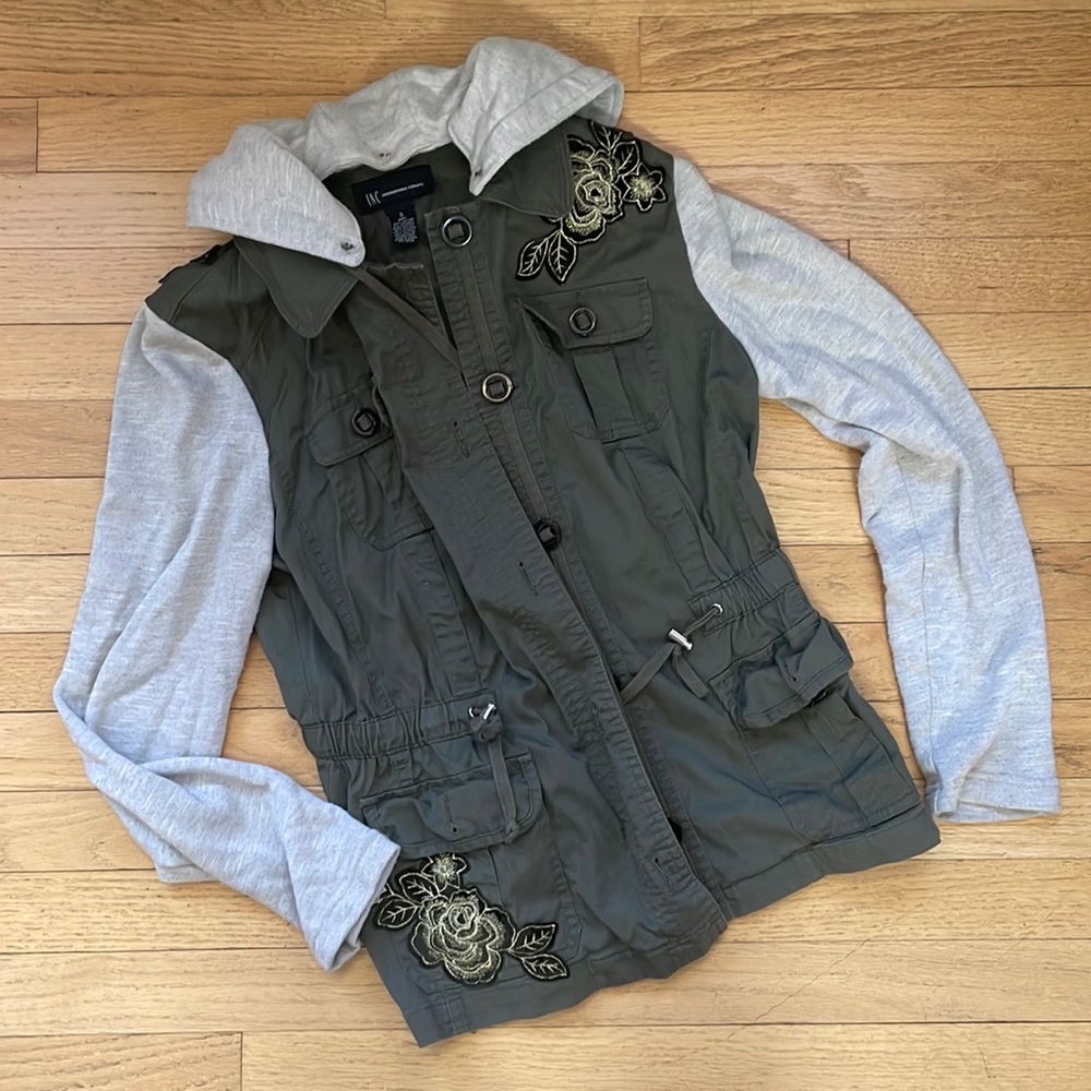 Green and gray jacket with black and gold floral patchwork